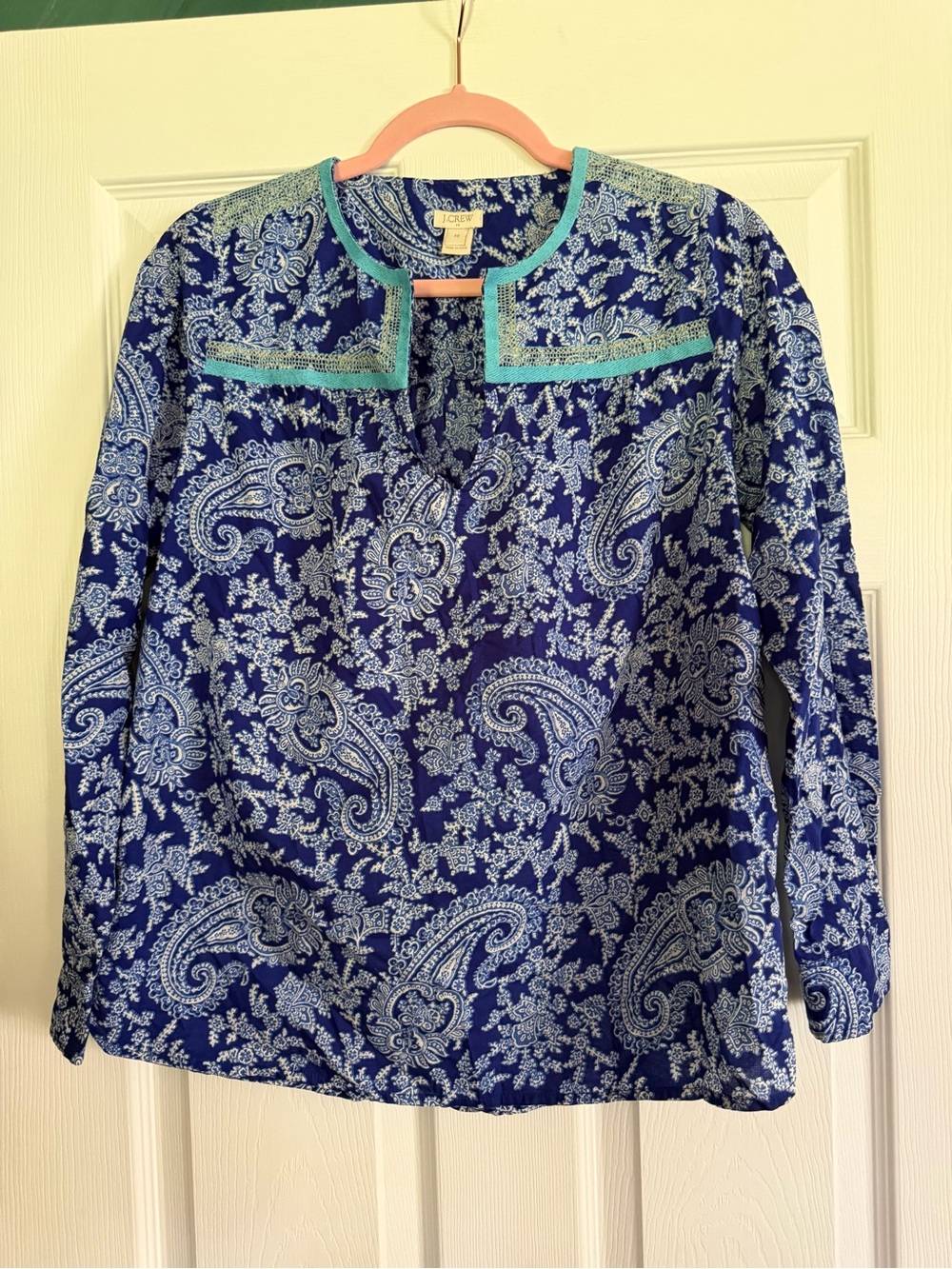 J. Crew Navy Paisley Tunic with Aqua Trim